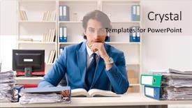  Presentation with busy - Cool new PPT layouts with young handsome busy employee sitting backdrop and a lemonade colored foreground