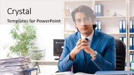  Presentation with education employee benefits - Audience pleasing PPT theme consisting of young handsome busy employee sitting backdrop and a light gray colored foreground