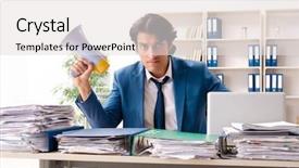  Presentation with busy - Slide set featuring young handsome busy employee sitting background and a light gray colored foreground