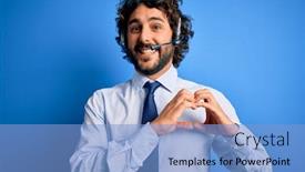  Presentation with call center - Slide deck having young-handsome-call-center-agent background and a light blue colored foreground