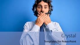  Presentation with call center - Amazing presentation theme having young-handsome-call-center-agent backdrop and a light blue colored foreground