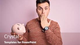  Presentation with piggy bank - PPT theme with young-handsome-caucasian-man-holding background and a tawny brown colored foreground