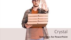  Presentation with pizza delivery - Presentation theme having young-handsome-caucasian-man-holding background and a coral colored foreground