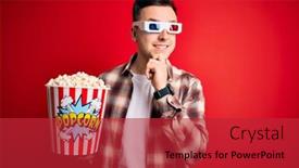  Presentation with popcorn movie - Presentation design consisting of young-handsome-caucasian-man-wearing background and a red colored foreground