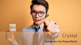  Presentation with overworked - Beautiful PPT theme featuring young-handsome-chinese-call-center backdrop and a yellow colored foreground