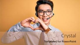  Presentation with call center - PPT layouts consisting of young-handsome-chinese-call-center background and a coral colored foreground