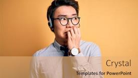  Presentation with call center - Colorful slide set enhanced with young-handsome-chinese-call-center backdrop and a yellow colored foreground