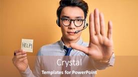  Presentation with overworked - Audience pleasing presentation design consisting of young-handsome-chinese-call-center backdrop and a coral colored foreground