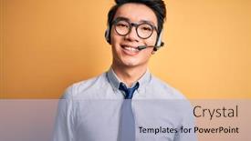  Presentation with call center - Colorful PPT theme enhanced with young-handsome-chinese-call-center backdrop and a light blue colored foreground