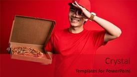  Presentation with deliver - Audience pleasing slide deck consisting of young-handsome-chinese-delivery-man backdrop and a crimson colored foreground