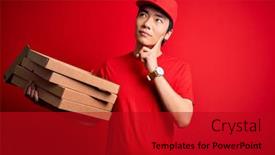  Presentation with deliver - Audience pleasing slide set consisting of young-handsome-chinese-delivery-man backdrop and a crimson colored foreground