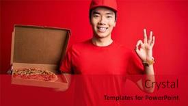  Presentation with deliver - Slide set featuring young-handsome-chinese-delivery-man background and a crimson colored foreground