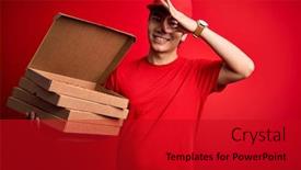  Presentation with deliver - Presentation having young-handsome-chinese-delivery-man background and a crimson colored foreground