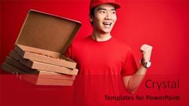  Presentation with deliver - Beautiful PPT layouts featuring young-handsome-chinese-delivery-man backdrop and a crimson colored foreground
