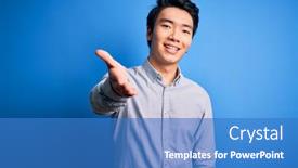  Presentation with blue handshake - Colorful slide set enhanced with young-handsome-chinese-man-wearing backdrop and a teal colored foreground