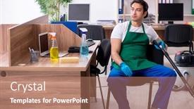  Presentation with office cleaning - Beautiful PPT layouts featuring young handsome contractor cleaning the office backdrop and a coral colored foreground