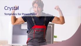  Presentation with civil contractor - Colorful presentation enhanced with young handsome contractor repairing fridge backdrop and a sky blue colored foreground