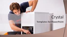  Presentation with civil contractor - Colorful presentation enhanced with young handsome contractor repairing fridge backdrop and a light gray colored foreground