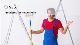  Presentation with young students working in groups - Cool new slide deck with young handsome contractor working indoors backdrop and a sky blue colored foreground