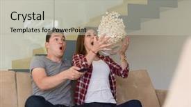  Presentation with television watching - Beautiful presentation design featuring young handsome couple enjoying free backdrop and a  colored foreground