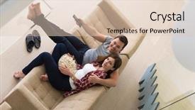  Presentation with television watching - Beautiful PPT theme featuring young handsome couple enjoying free backdrop and a  colored foreground