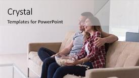  Presentation with television watching - Slides having young handsome couple enjoying free background and a  colored foreground