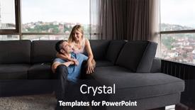 Presentation with villa - PPT theme having young handsome couple enjoys hugging on the sofa in their luxury home villa background and a dark gray colored foreground