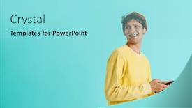  Presentation with man holding phone - PPT theme consisting of young-handsome-curly-smiling-man background and a arctic colored foreground