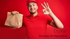  Presentation with food delivery - Cool new PPT theme with young-handsome-delivery-man-holding backdrop and a crimson colored foreground