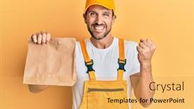  Presentation with paper bag - Slide deck having young-handsome-delivery-man-holding background and a yellow colored foreground