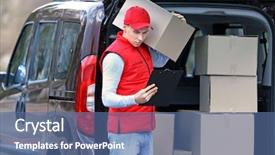  Presentation with pharmaceutical delivery - PPT theme having young handsome delivery man standing background and a ocean colored foreground