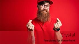  Presentation with salary - Slide set having young-handsome-delivery-man-wearing background and a crimson colored foreground