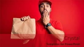  Presentation with food delivery - PPT layouts featuring young-handsome-delivery-man background and a crimson colored foreground