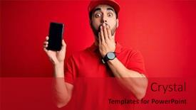  Presentation with smartphone app - Colorful presentation theme enhanced with young-handsome-delivery-man backdrop and a crimson colored foreground