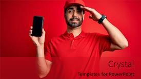  Presentation with deliver - Slide deck featuring young-handsome-delivery-man background and a crimson colored foreground