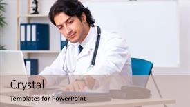  Presentation with telemedicine - PPT layouts featuring young handsome doctor in telemedicine background and a mint green colored foreground