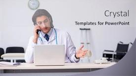  Presentation with telemedicine - Beautiful presentation theme featuring young-handsome-doctor-in-telemedicine backdrop and a light gray colored foreground