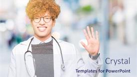  Presentation with medical smiling doctor - Cool new presentation design with young handsome doctor man wearing medical coat showing and pointing up with fingers number five while smiling confident and happy backdrop and a sky blue colored foreground