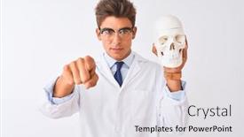  Presentation with skull - Cool new slides with young handsome doctor man wearing glasses holding skull over isolated white background pointing with finger to the camera and to you hand sign positive and confident gesture from the front backdrop and a white colored foreground
