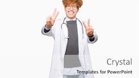  Presentation with medical sign - Colorful presentation design enhanced with young handsome doctor man wearing medical coat smiling looking to the camera showing fingers doing victory sign number two backdrop and a white colored foreground