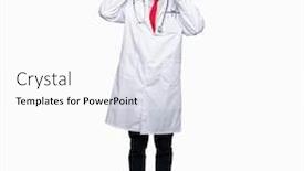  Presentation with medical smiling doctor - Presentation design enhanced with young handsome doctor man wearing medical coat smiling pulling ears with fingers funny gesture audition problem background and a white colored foreground