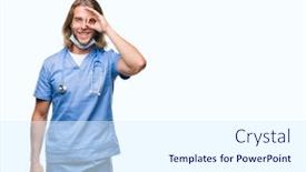  Presentation with eye doctor - Slide deck with young handsome doctor man with long hair over isolated background doing ok gesture with hand smiling eye looking through fingers with happy face background and a sky blue colored foreground