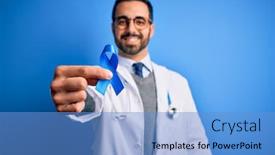  Presentation with cancer - PPT theme with young-handsome-doctor-man background and a teal colored foreground