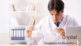  Presentation with young students working in groups - Audience pleasing slide deck consisting of young handsome doctor oculist working backdrop and a  colored foreground