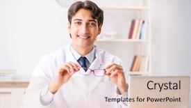  Presentation with working in a clinic - Amazing theme having young handsome doctor oculist working backdrop and a  colored foreground