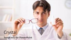  Presentation with working in a clinic - Slide deck featuring young handsome doctor oculist working background and a  colored foreground