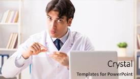  Presentation with working - Presentation theme featuring young handsome doctor oculist working background and a  colored foreground