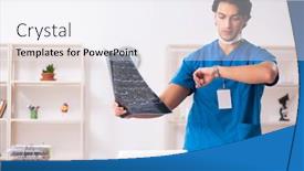  Presentation with radiologist - PPT theme enhanced with young handsome doctor radiologist working in the clinic background and a white colored foreground