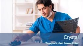  Presentation with working in a clinic - Presentation design with young handsome doctor radiologist working background and a  colored foreground