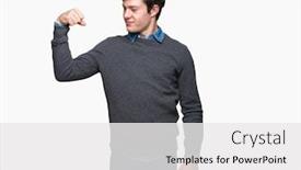  Presentation with muscle - Amazing slide deck having young handsome elegant man over isolated background strong person showing arm muscle confident and proud of power backdrop and a white colored foreground